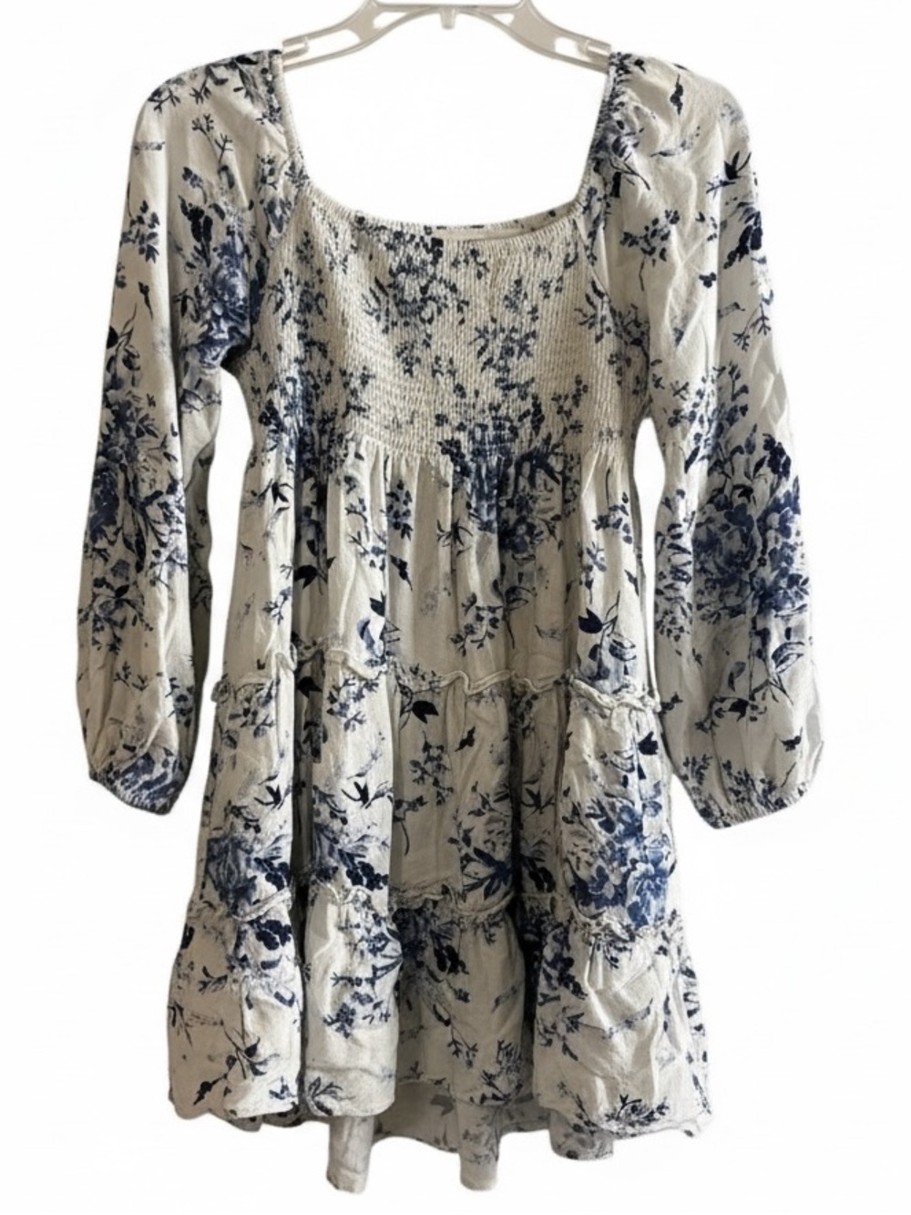 LINEN Blend Floral Smocked Tiered Mini Dress White Blue M